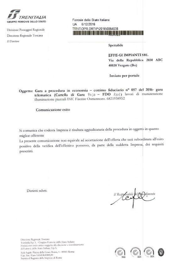 Aggiudicazione gara telematica Trenitalia 